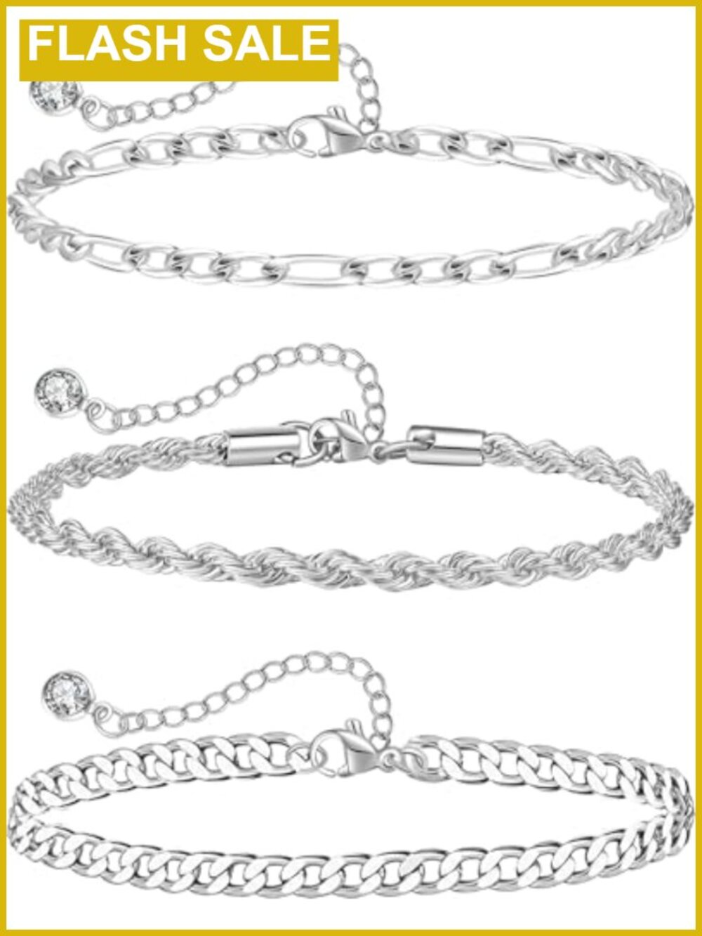 Sterling Silver Anklet Set for Women 3Pc Cuban Figaro Rope Adjustable